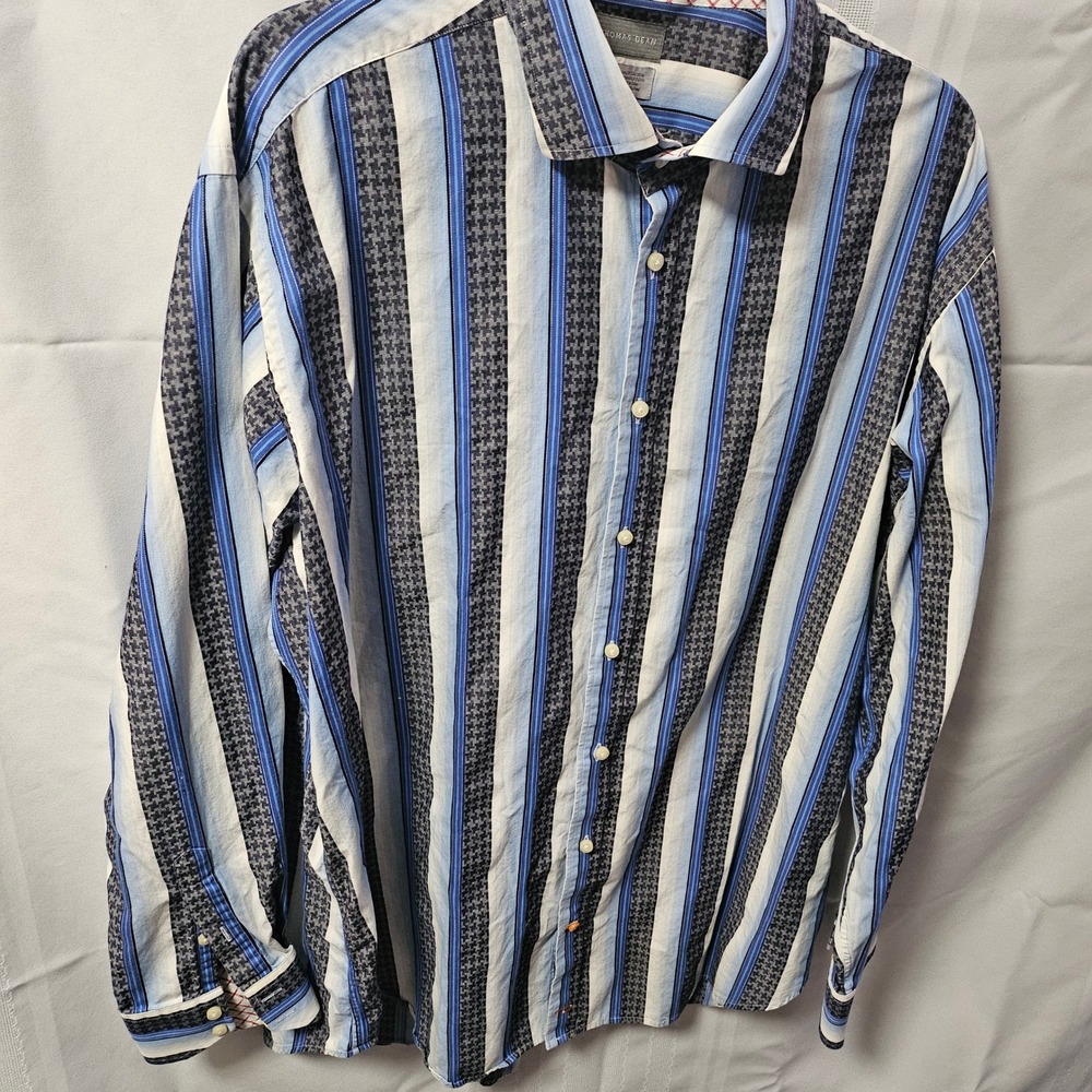 Thomas Dean Shirt Mens XXL Blue Striped Houndstooth Long Sleeve Button Down